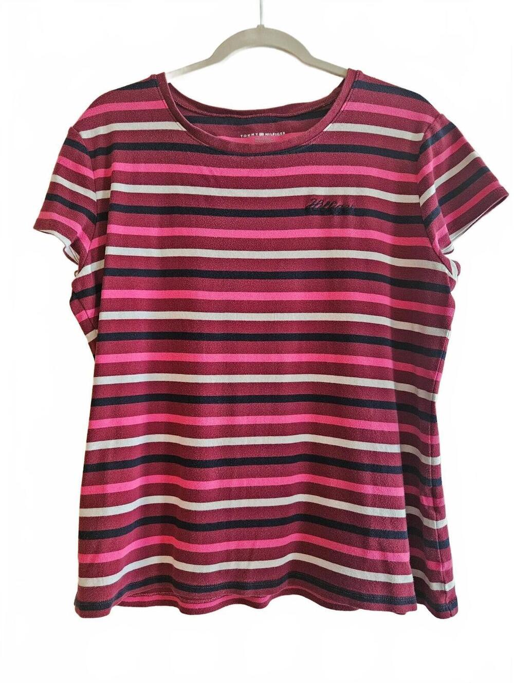 Tommy Hilfiger Women's Pink Striped Short-Sleeve Knit Top-Size XXL-Summer Vibes